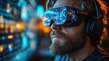 Wall Mural - young man wearing a headset and working remotely from home office with modern technology for telecommuting and virtual collaboration