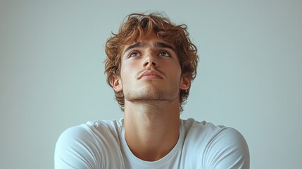 Wall Mural - sad handsome man sulking feeling regret and looking upper left corner over isolated white background