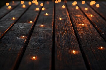 Wall Mural - Wooden table with dreamy bokeh lights