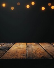 Wall Mural - Wooden table with dreamy bokeh lights
