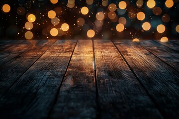 Wall Mural - Wooden table with dreamy bokeh lights