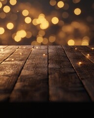Wall Mural - Wooden table with dreamy bokeh lights