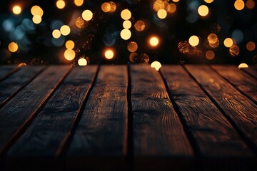 Wall Mural - Wooden table with dreamy bokeh lights