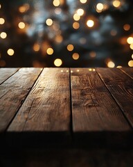 Wall Mural - Wooden table with dreamy bokeh lights