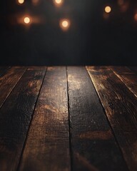Wall Mural - Wooden table with dreamy bokeh lights