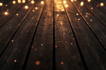 Wall Mural - Wooden table with dreamy bokeh lights