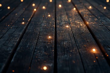 Wall Mural - Wooden table with dreamy bokeh lights