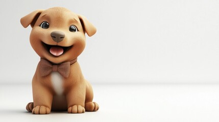Wall Mural - A 3D character of a playful puppy wearing a bowtie, sitting happily on a white background.