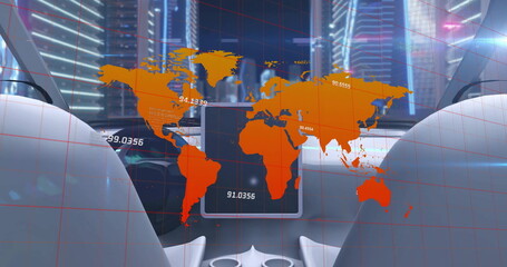 Wall Mural - image of world map and data processing over modern car and city