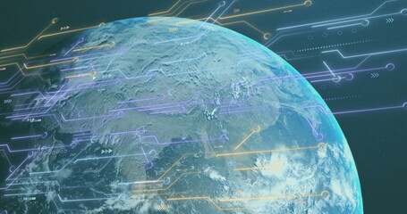 Wall Mural - digital circuits and data processing over image of earth from space