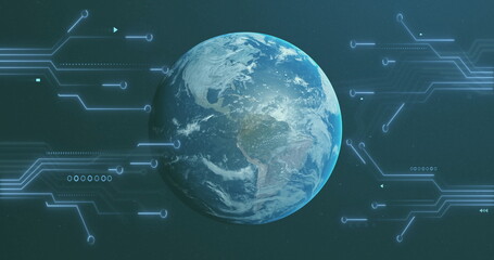 Wall Mural - digital data processing over rotating earth image