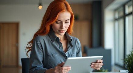 A business woman with orange hair self confident, fully engaged in working on a tablet, exuding creativity, ambition and a lively sense of individuality