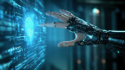 Wall Mural - a sleek robotic hand reaching out to a glowing holographic interface, symbolizing human-ai collabora