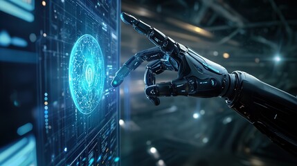 Wall Mural - a sleek robotic hand reaching out to a glowing holographic interface, symbolizing human-ai collabora