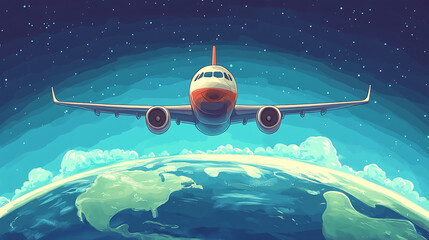 Wall Mural - front-facing airplane soaring above earth with a cosmic star-filled background blending realism and 