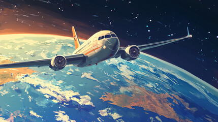 Wall Mural - stylized airplane soaring above earth with a cosmic background blending futuristic and retro aesthetics in a digital painting  
