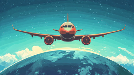 Wall Mural - A commercial airplane is seen flying towards Earth in a cosmic blue atmosphere with stars and dreamy lighting creating a futuristic travel theme  
