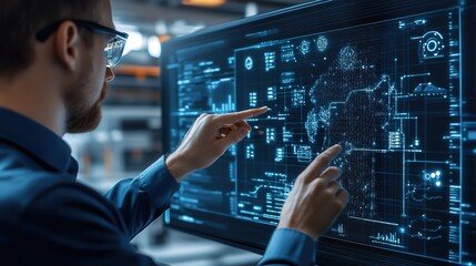 Wall Mural - an engineer analyzing ai-powered data visualizations of industrial efficiency reports on a holograph