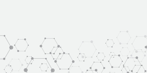 Poster - Molecular structure abstract tech background. Geometric white background. Vector banner design with hexagons. Science network pattern, connecting lines and dots Medical background, Vector illustration