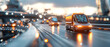 © well - Futuristic high-tech freight trucks driving on a sunset-lit highway urban landscape digital content dynamic viewpoint future transportation concept