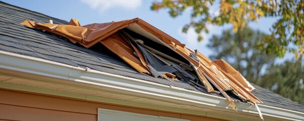 Damaged Roof with Torn Tarpaulin Exposing Underlying Structure Under Bright Blue Sky and Tree Foliage