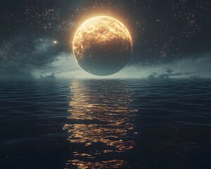 Wall Mural - dreamlike cosmic earth floating above reflective ocean under starry night sky