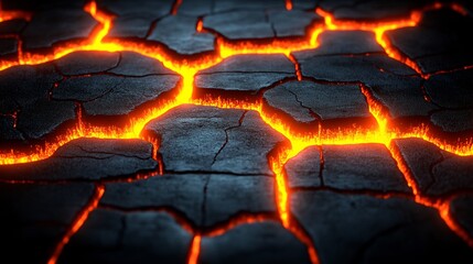 Wall Mural - Fiery orange lava flows illuminate dark cracked earth dramatic lighting. AI Generated