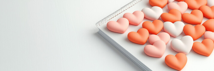 Fototapete - Vibrant arrangement of pastel-colored heart shapes layered over a journal, highlighting heightened