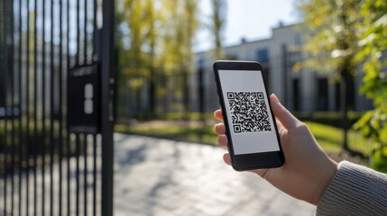 Wall Mural - QR code scanning for unlocking a gated community entrance. Featuring security and technology