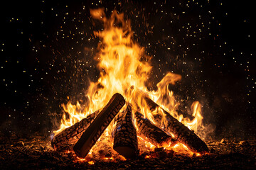 Wall Mural - crackling campfire under a clear - star-studded night sky white background