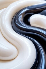 Wall Mural - a close-up view of swirling black and white liquid creates a visually striking abstract design, this