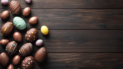 Wall Mural - chocolate Easter eggs on dark wooden background