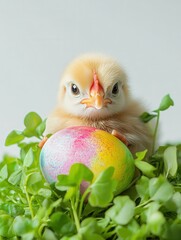 Wall Mural - Closeup of funny Easter chicken and colorful painted Easter egg lying on fresh green cress, fresh watercress, Easter decoration. Isolated on white background