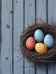 Wall Mural - Colorful eggs in a nest as easter decoration against grey planks