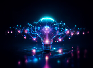 Wall Mural - Illuminated light bulb with glowing network connections on a dark background. Abstract representation of ideas and digital technology with bright neon lights.