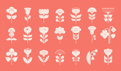 Wall Mural - geometric flowers collection, nordic, scandinavian style flowers illustrations. red, blue modern flo