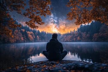 Poster - Relaxation by the tranquil lake under a starlit sky surrounded by autumn foliage