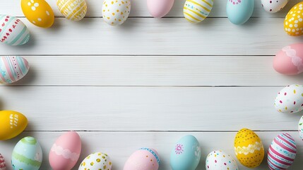 Wall Mural - Colorful Easter banner with double border of Easter Eggs against a white wood background. Top view with copy space.