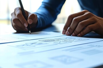 The design studio's application developer and website designer collaborate on creative planning, making drafts, sketches, drawings, templates, layouts, prototypes, frameworks, and wireframes to