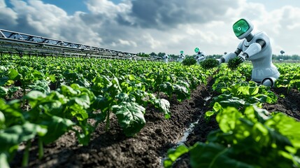 Fototapete - Ai robots cultivating sustainable crops on a futuristic farm agricultural innovation outdoor setting aerial view