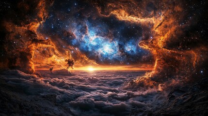 Leinwandbilder - Celestial horizon artistry cosmic realm digital artwork surreal environment wide-angle perspective cosmic exploration