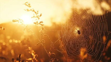A detailed macro shot of a spider weaving its delicate web in the morning light
