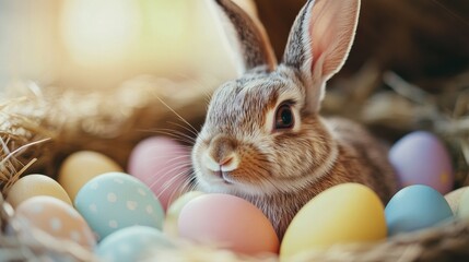 Wall Mural - easter, holidays, tradition and object concept - close up of colored easter eggs and bunny