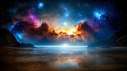Poster - Galactic wonders unfolding over a cosmic horizon celestial landscape digital art vast universe awe-inspiring view
