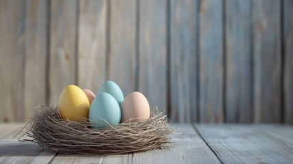 Wall Mural - Colorful eggs in a nest as easter decoration against grey planks