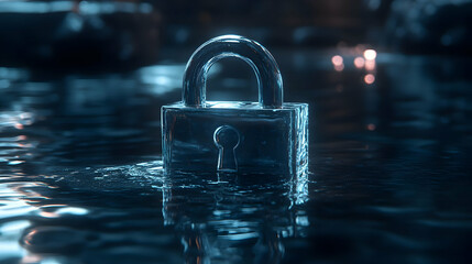 glass padlock floats on dark water, security concept