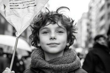 Wall Mural - Young boy holding a flag while taking part in a parade on a cloudy day in the city with enthusiastic crowds around him