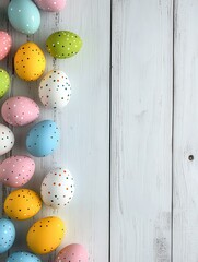 Wall Mural - Colorful Easter egg corner border against a white wood background