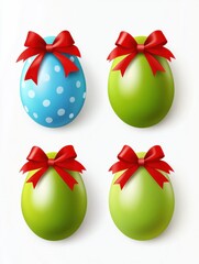 Wall Mural - Set of Realistic green and blue Easter egg, with red bow, vector illustration