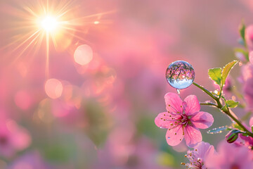 Poster - Pink flowers, dewdrop, lensball, sunrise, spring, nature, peaceful